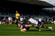 10 June 2022; Dan Sheehan of Leinster on his way to scoring his side's first try  despite the tackle of Madosh Tambwe of Vodacom Bulls during the United Rugby Championship Semi-Final match between Leinster and Vodacom Bulls at the RDS Arena in Dublin. Photo by Harry Murphy/Sportsfile