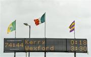 11 June 2022; The final score is displayed on the scoreboard after the GAA Hurling All-Ireland Senior Championship Preliminary Quarter-Final match between Kerry and Wexford at Austin Stack Park in Tralee, Kerry. Photo by Diarmuid Greene/Sportsfile