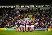 11 June 2022; The Wexford team huddle together before the GAA Hurling All-Ireland Senior Championship Preliminary Quarter-Final match between Kerry and Wexford at Austin Stack Park in Tralee, Kerry. Photo by Diarmuid Greene/Sportsfile