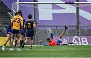 11 June 2022; Roscommon goalkeeper Colm Lavin is beaten for Clare's second goal, scored by Keelan Sexton of Clare. late in the second half during the GAA Football All-Ireland Senior Championship Round 2 match between Clare and Roscommon at Croke Park in Dublin. Photo by Piaras Ó Mídheach/Sportsfile