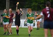 11 June 2022; Referee Maggie Farrelly shows a yellow card to Louise Ní Mhuircheartaigh  of Kerry during the TG4 All-Ireland Ladies Football Senior Championship Group C - Round 1 match between Kerry and Galway at St Brendan's Park in Birr, Offaly. Photo by Sam Barnes/Sportsfile
