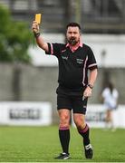 11 June 2022; Referee Seamus Mulvihill brandishes a yellow card during the TG4 All-Ireland Ladies Football Senior Championship Group D - Round 1 match between Donegal and Waterford at St Brendan's Park in Birr, Offaly. Photo by Sam Barnes/Sportsfile