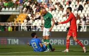 14 June 2022; Will Smallbone of Republic of Ireland with Fabiano Parisi of Italy during the UEFA European U21 Championship Qualifying group F match between Italy and Republic of Ireland at Stadio Cino e Lillo Del Duca in Ascoli Piceno, Italy. Photo by Eóin Noonan/Sportsfile