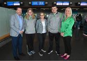 17 June 2022; Special Olympics’ Team Ireland jetted off to Berlin today on Aer Lingus flight EI336 ahead of the 2022 Special Olympics German National Games. Taking place between 19-24 June, these Games will be the largest sporting and humanitarian event in the world and are an important stepping stone towards the 2023 World Summer Games, which will also take place in Berlin. As official airline of Special Olympics Ireland, Aer Lingus ground staff and flight crew were on hand to lend their support and wish Team Ireland well as they embarked on their journey to Berlin. Pictured are, from left, Matt English, Chief Executive Officer, Special Olympics Ireland, Edel Armstrong, open water swimming, Lynne Embleton, Chief Executive Officer, Aer Lingus, Jacob McKenna, open water swimming, and Karen Coventry, Director of Sport, Special Olympics Ireland. Photo by Ramsey Cardy/Sportsfile