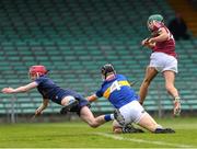 19 June 2022; Aaron Niland of Galway shoots to score his side's first goal during the Electric Ireland GAA Hurling All-Ireland Minor Championship Semi-Final match between Tipperary and Galway at the LIT Gaelic Grounds in Limerick. Photo by Michael P Ryan/Sportsfile
