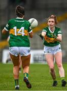 11 June 2022; Cáit Lynch of Kerry hand passes to team-mate Erica McGlynn during the TG4 All-Ireland Ladies Football Senior Championship Group C - Round 1 match between Kerry and Galway at St Brendan's Park in Birr, Offaly. Photo by Sam Barnes/Sportsfile