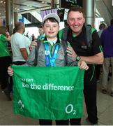 26 June 2022; Special Olympics’ Team Ireland arrived home from Berlin today on Aer Lingus flight EI333 with 14 medals and 6 placement ribbons, won at the 2022 Special Olympics German National Games. Over the past week the team of 11 athletes have given their all and secured medals in all 3 sports they competed in Badminton, Equestrian and Open Water Swimming. These Games are an important steppingstone towards the 2023 World Summer Games which will also take place in Berlin. As official airline of Special Olympics Ireland Aer Lingus ground staff and flight crew were on hand to lend their support in their return journey to Berlin. Declan Foley of Team Ireland and coach Cyril McNamara pictured at Dublin Airport. Photo by Michael P Ryan/Sportsfile