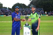 26 June 2022; Team captains Andrew Balbirnie of Ireland and Hardik Pandya of India before the LevelUp11 First Men's T20 International match between Ireland and India at Malahide Cricket Club in Dublin. Photo by Ramsey Cardy/Sportsfile