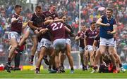 26 June 2022; Matthew Tierney of Galway, 27, celebrates with teammates after scoring the winning penalty in the penalty shoot-out of the GAA Football All-Ireland Senior Championship Quarter-Final match between Armagh and Galway at Croke Park, Dublin. Photo by Piaras Ó Mídheach/Sportsfile