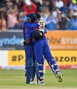 28 June 2022; Deepak Hooda of India, left, hugs team-mate Suryakumar Yadav after bringing up his century during the LevelUp11 Second Men's T20 International match between Ireland and India at Malahide Cricket Club in Dublin. Photo by Sam Barnes/Sportsfile