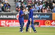 28 June 2022; Sanju Samson of India, left. is congratulated by Deepak Hooda after bringing up his half century during the LevelUp11 Second Men's T20 International match between Ireland and India at Malahide Cricket Club in Dublin. Photo by Sam Barnes/Sportsfile