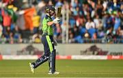 28 June 2022; Andrew Balbirnie of Ireland acknowledges the crowd after bringing up his half century during the LevelUp11 Second Men's T20 International match between Ireland and India at Malahide Cricket Club in Dublin. Photo by Sam Barnes/Sportsfile