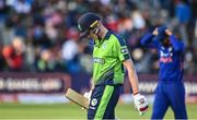 28 June 2022; Harry Tector of Ireland  leaves the field after being dismissed during the LevelUp11 Second Men's T20 International match between Ireland and India at Malahide Cricket Club in Dublin. Photo by Sam Barnes/Sportsfile