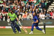 28 June 2022; Harshal Patel of India bowls during the LevelUp11 Second Men's T20 International match between Ireland and India at Malahide Cricket Club in Dublin. Photo by Sam Barnes/Sportsfile