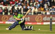 28 June 2022; Paul Stirling of Ireland plays a shot during the LevelUp11 Second Men's T20 International match between Ireland and India at Malahide Cricket Club in Dublin. Photo by Sam Barnes/Sportsfile