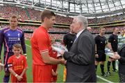 10 August 2013; Tony Fitzgerald, Vice President of the FAI, makes a special presentation to Liverpool captain Steven Gerrard before the start of the game. Dublin Decider, Liverpool XI v Glasgow Celtic XI, Aviva Stadium, Lansdowne Road, Dublin. Picture credit: Brendan Moran / SPORTSFILE