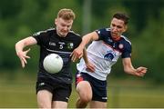 8 July 2022; James Gavin of Warwickshire in action against Dylan Curran of New York during the GAA Football All-Ireland Junior Championship Semi-Final match between New York and Warwickshire at the GAA National Games Development Centre in Abbotstown, Dublin. Photo by Stephen McCarthy/Sportsfile