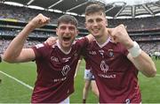 9 July 2022; Jack Smith, left, and Nigel Harte of Westmeath celebrate after their side's victory in the Tailteann Cup Final match between Cavan and Westmeath at Croke Park in Dublin. Photo by Seb Daly/Sportsfile