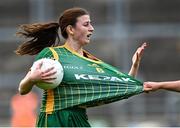 9 July 2022; Emma Troy of Meath has her jersey pulled by Róisín Leonard of Galway during the TG4 All-Ireland Ladies Football Senior Championship Quarter-Final match between Galway and Meath at O’Connor Park in Tullamore, Offaly Photo by Piaras Ó Mídheach/Sportsfile