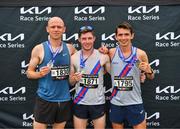 10 July 2022; William Maunsell, Clonmel AC, second place, Paul O'Donnell, Dundrum South Dublin AC, first place, and Emmet Jennings, Dundrum South Dublin AC, third place, after the Kia Race Series Edenderry 10 Mile race in Edenderry in Offaly. Photo by Diarmuid Greene/Sportsfile