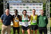 10 July 2022; Athletics Ireland chief executive officer Hamish Adams, and Sports Travel International Sales Executive Eoin Kelly, right, with men's medallists, Mick Clohisey of Raheny Shamrock AC, Dublin, gold, centre, Eskander Turki of Anndale Striders, silver, left, and Sean Doyle of North Cork AC, bronze, right, during the Irish Runner 10 Mile, Sponsored by Sports Travel International, incorporating the AAI National 10 Mile Road Race Championships at the Phoenix Park in Dublin. Photo by Sam Barnes/Sportsfile