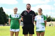 10 July 2022; Referee Aaron Clogher with team captains Molly McGloin of Fermanagh and Róisín Ambrose of Limerick before the TG4 All-Ireland Ladies Football Junior Championship Semi-Final match between Fermanagh and Limerick at St Brigid’s GAA club in Kiltoom, Roscommon. Photo by David Fitzgerald/Sportsfile
