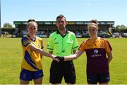 10 July 2022; Referee Gavin Finnegan with Roscommon captain, Laura Fleming, left, and Wexford captain Róisín Murphy before the TG4 All-Ireland Ladies Football Intermediate Championship Semi-Final match between Roscommon and Wexford at Crettyard GAA club, Crettyard, Laois. Photo by Michael P Ryan/Sportsfile
