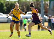 10 July 2022; Catriona Murray of Wexford in action against Rachel Brady of Roscommon during the TG4 All-Ireland Ladies Football Intermediate Championship Semi-Final match between Roscommon and Wexford at Crettyard GAA club, Crettyard, Laois. Photo by Michael P Ryan/Sportsfile