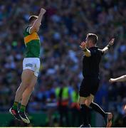 10 July 2022; Seán O'Shea of Kerry celebrates as referee Paddy Neilan blows the full time whistle to end the GAA Football All-Ireland Senior Championship Semi-Final match between Dublin and Kerry at Croke Park in Dublin. Photo by Ray McManus/Sportsfile