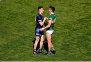 10 July 2022; David Clifford of Kerry and Dublin goalkeeper Evan Comerford shake hands after the GAA Football All-Ireland Senior Championship Semi-Final match between Dublin and Kerry at Croke Park in Dublin. Photo by Dáire Brennan/Sportsfile