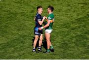 10 July 2022; David Clifford of Kerry and Dublin goalkeeper Evan Comerford shake hands after the GAA Football All-Ireland Senior Championship Semi-Final match between Dublin and Kerry at Croke Park in Dublin. Photo by Daire Brennan/Sportsfile