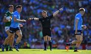 10 July 2022; Referee Paddy Neilan indicates a last minute free for Kerry during the GAA Football All-Ireland Senior Championship Semi-Final match between Dublin and Kerry at Croke Park in Dublin. Photo by Ray McManus/Sportsfile
