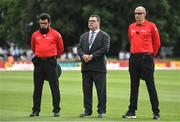 10 July 2022; Match referee David Boon, centre, with umpire Aleem Dar, left, and Roly Black, right, before the Men's One Day International match between Ireland and New Zealand at Malahide Cricket Club in Dublin. Photo by Seb Daly/Sportsfile