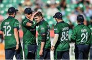 10 July 2022; Josh Little of Ireland is congratulated by teammate Craig Young after claiming the wicket of New Zealand's Matt Henry during the Men's One Day International match between Ireland and New Zealand at Malahide Cricket Club in Dublin. Photo by Seb Daly/Sportsfile