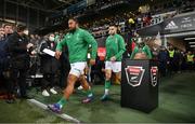 9 July 2022; Bundee Aki, left, and Conor Murray of Ireland walk onto the pitch before the Steinlager Series match between the New Zealand and Ireland at the Forsyth Barr Stadium in Dunedin, New Zealand. Photo by Brendan Moran/Sportsfile