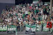 12 July 2022; Shamrock Rovers supporters celebrate after the UEFA Champions League 2022/23 First Qualifying Round Second Leg match between Hibernians and Shamrock Rovers at Centenary Stadium in Ta' Qali, Malta. Photo by Domenic Aquilina/Sportsfile