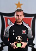 14 July 2022; Mark Connolly of Dundalk receives the SSE Airtricity / SWI Player of the Month for June 2022 at Oriel Park in Dundalk, Louth. Photo by Ben McShane/Sportsfile
