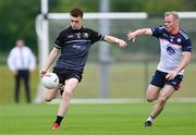 8 July 2022; Mikey McAleer of Warwickshire in action against Peter Cronin of New York during the GAA Football All-Ireland Junior Championship Semi-Final match between New York and Warwickshire at the GAA National Games Development Centre in Abbotstown, Dublin. Photo by Stephen McCarthy/Sportsfile