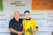 13 July 2022; Lucas Jowett, Backstedt Bike Performance, in presented with the yellow jersey of race leader after winning stage two of the Eurocycles Eurobaby Junior Tour 2022 in Clare. Photo by Stephen McMahon/Sportsfile