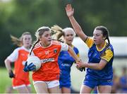 13 July 2022; Claragh Lenaghan of Armagh in action against Kayla Masterson of Longford during the 2022 All-Ireland U16 C Final match between Armagh and Longford at Lisnaskea Emmetts in Fermanagh. Photo by Piaras Ó Mídheach/Sportsfile