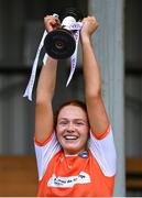 13 July 2022; Armagh captain Sinéad O'Neill lifts the cup after her side's victory in the 2022 All-Ireland U16 C Final match between Armagh and Longford at Lisnaskea Emmetts in Fermanagh. Photo by Piaras Ó Mídheach/Sportsfile