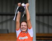 13 July 2022; Armagh captain Sinéad O'Neill lifts the cup after her side's victory in the 2022 All-Ireland U16 C Final match between Armagh and Longford at Lisnaskea Emmetts in Fermanagh. Photo by Piaras Ó Mídheach/Sportsfile