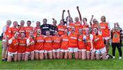 13 July 2022; Armagh captain Sinéad O'Neill holds the cup aloft as she celebrates with teammates after their side's victory in the 2022 All-Ireland U16 C Final match between Armagh and Longford at Lisnaskea Emmetts in Fermanagh. Photo by Piaras Ó Mídheach/Sportsfile