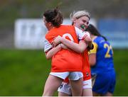 13 July 2022; Armagh players Mallaidh Loughran, right, and Aoibhin Donohue celebrate after their side's victory in the 2022 All-Ireland U16 C Final match between Armagh and Longford at Lisnaskea Emmetts in Fermanagh. Photo by Piaras Ó Mídheach/Sportsfile