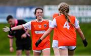 13 July 2022; Aoibhin Donohue of Armagh celebrates with teammate Elise Druse, 4, after their side's victory in the 2022 All-Ireland U16 C Final match between Armagh and Longford at Lisnaskea Emmetts in Fermanagh. Photo by Piaras Ó Mídheach/Sportsfile