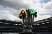 15 July 2022; The Liam MacCarthy Cup with a Limerick and Kilkenny jersey and before the GAA Hurling All-Ireland Senior Championship Final at Croke Park in Dublin. Photo by David Fitzgerald/Sportsfile