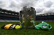 15 July 2022; The Liam MacCarthy Cup with a Limerick and Kilkenny jersey and a match day sliotar before the GAA Hurling All-Ireland Senior Championship Final at Croke Park in Dublin. Photo by David Fitzgerald/Sportsfile