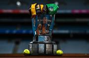 15 July 2022; The Liam MacCarthy Cup with a Limerick and Kilkenny jersey and match day sliotars before the GAA Hurling All-Ireland Senior Championship Final at Croke Park in Dublin. Photo by David Fitzgerald/Sportsfile