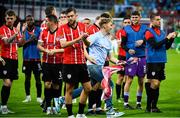 14 July 2022; Derry City players during the UEFA Europa Conference League 2022/23 First Qualifying Round Second Leg match between Riga and Derry City at the Skonto Stadium in Riga, Latvia. Photo by Roman Koksarov/Sportsfile