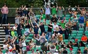 15 July 2022; A spectator catches the ball in the grandstand during the Men's One Day International match between Ireland and New Zealand at Malahide Cricket Club in Dublin. Photo by Seb Daly/Sportsfile